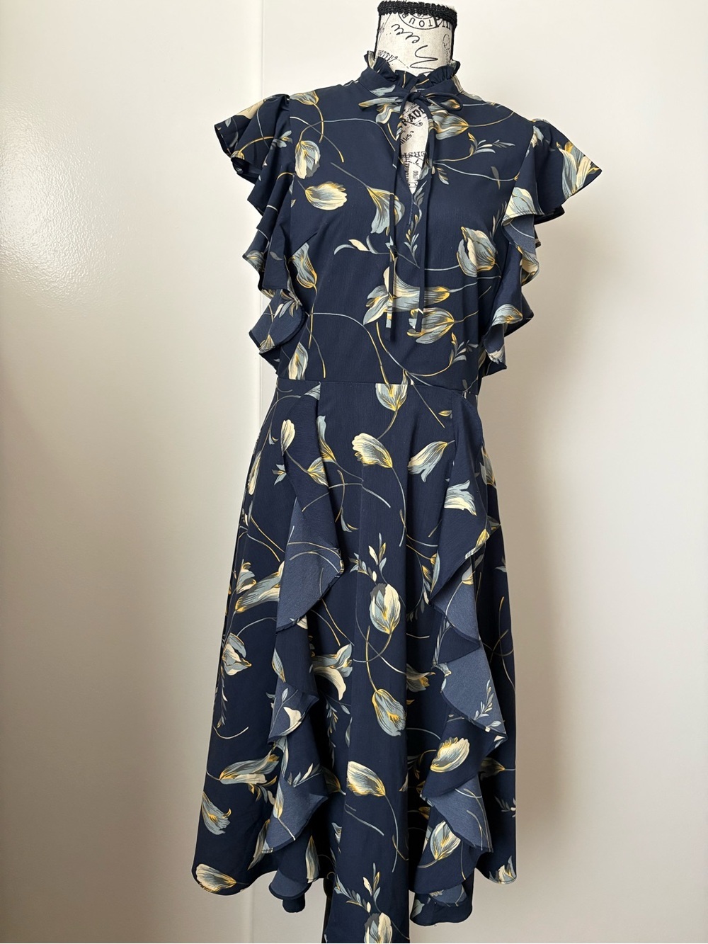 Chelsea28 Navy Floral Ruffle Midi Dress